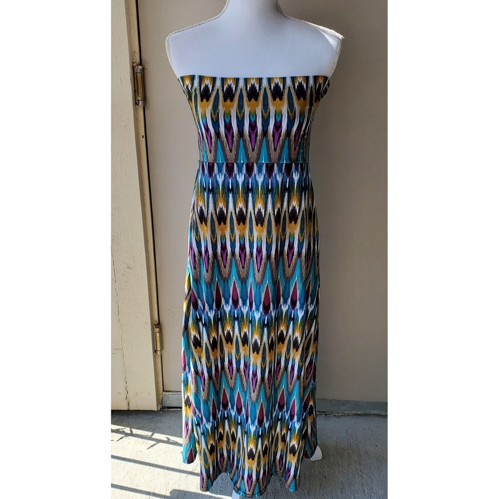 Xuefulin Strapless Ikat Maxi Dress Womens XL-XXL Blue Yellow Tribal Print Boho